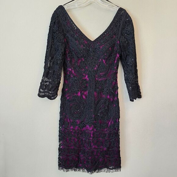 Sue Wong Black and Pink Beaded V-neck Cocktail Dress Size 4 - Picture 2 of 11